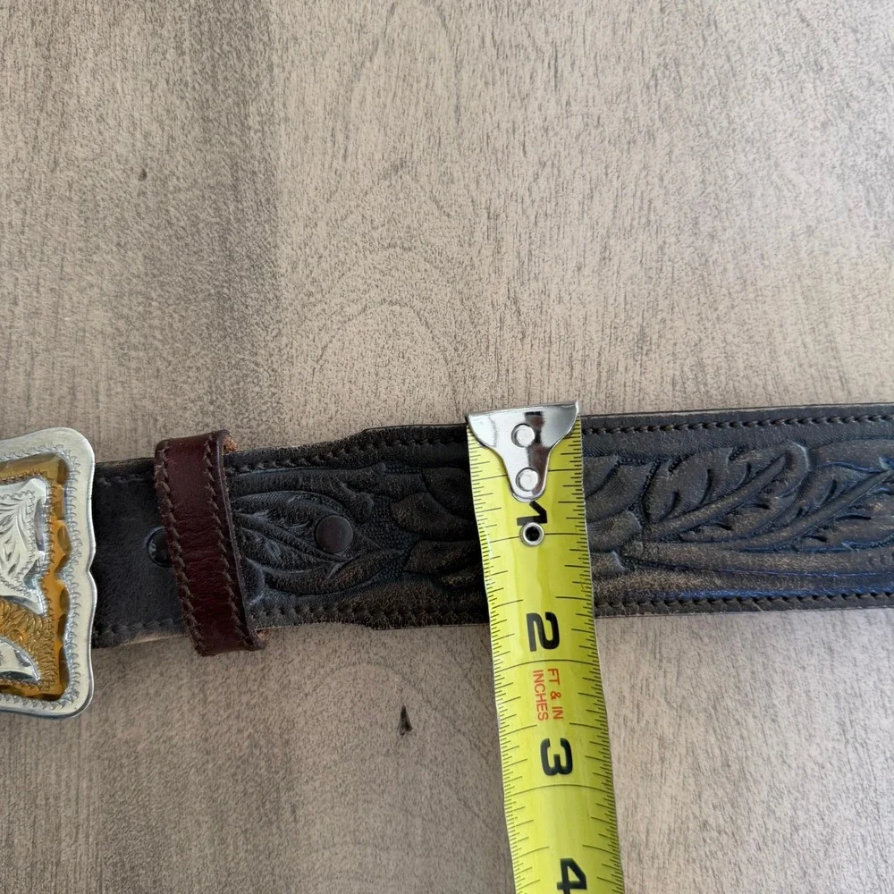 Chambers Western Belt Hand Finished Tooled Leather Two Tone Buckle USA 38 VTG